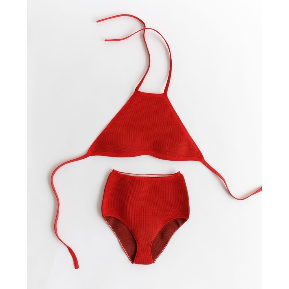 ARQ Giulia halter top and Zan bottom swimsuit in cherry red, XL